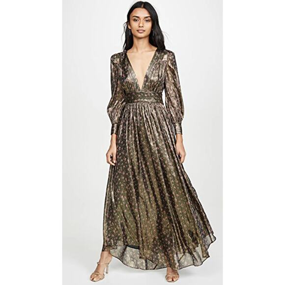 Loveshackfancy Cyrena floral print gold metallic  maxi dress size 0 - Picture 1 of 6